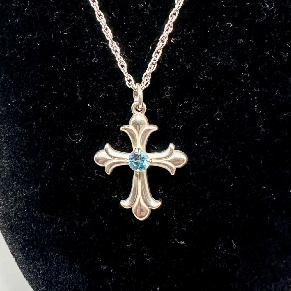 JAMES AVERY Blue Topaz Sterling Silver Fleuree Cross Pendant Necklace; RETIRED